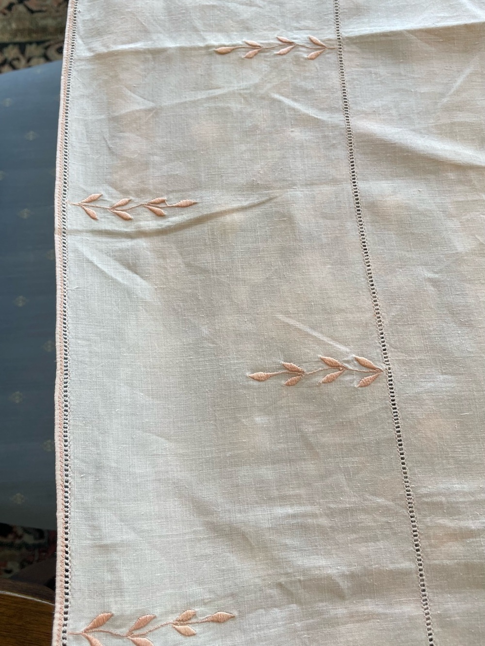 Vintage Mid Century Embroidered Leaf  Peach Linen Cotton Tablecloth - 44x44 in - Picture 6 of 10